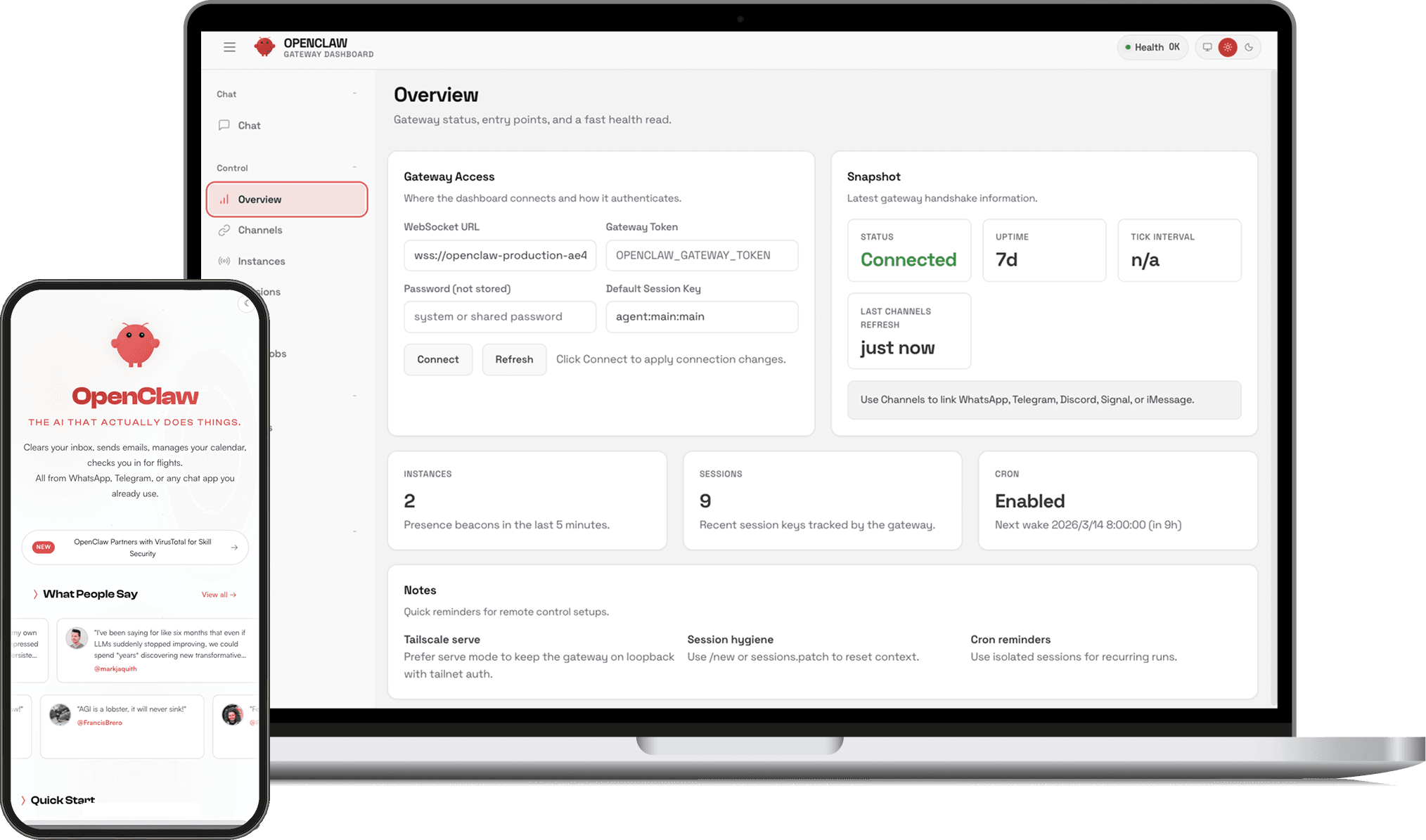 OpenClawのダッシュボード画面。Gateway管理、チャット連携、インスタンス監視を一画面で操作。